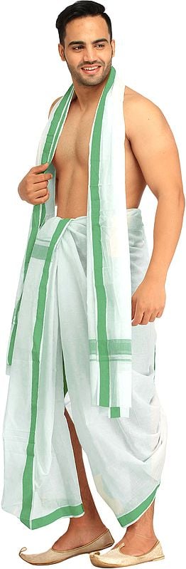 Exotic India Dhoti And Angavastram Set With Woven Border 