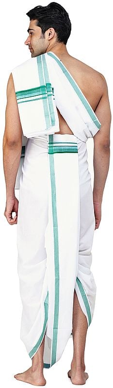 Exotic India Dhoti And Angavastram Set With Woven Border 