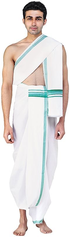 exotic india Dhoti and Angavastram Set with Woven Border 