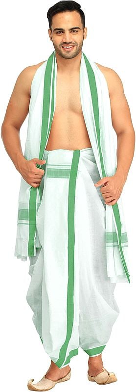 exotic india Dhoti and Angavastram Set with Woven Border 
