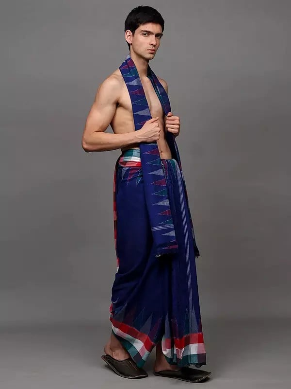 Exotic India Dhoti And Angavastram Set With Woven Temple Border In Multicolor From Sambalpur