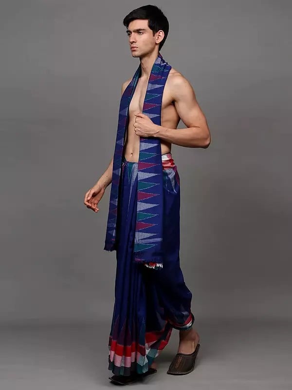 Exotic India Dhoti And Angavastram Set With Woven Temple Border In Multicolor From Sambalpur