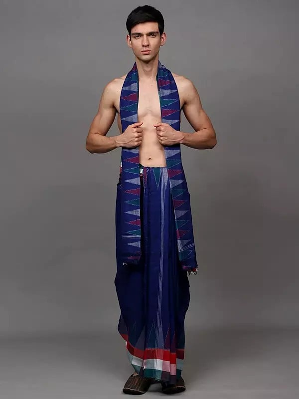 exotic india Dhoti and Angavastram Set with Woven Temple Border in Multicolor from Sambalpur 