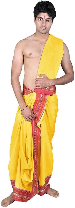exotic india Dhoti and Veshti Set with Temple Border 