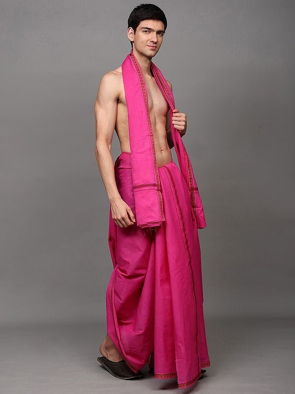 Exotic India Dhoti With Angavastram Set And Thread Woven Rudraksha Border From Odisha 