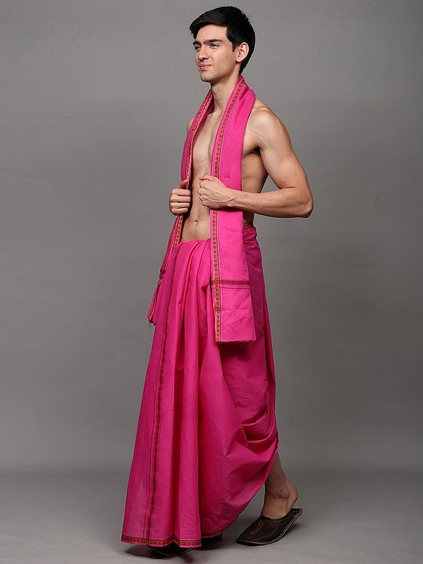Exotic India Dhoti With Angavastram Set And Thread Woven Rudraksha Border From Odisha 