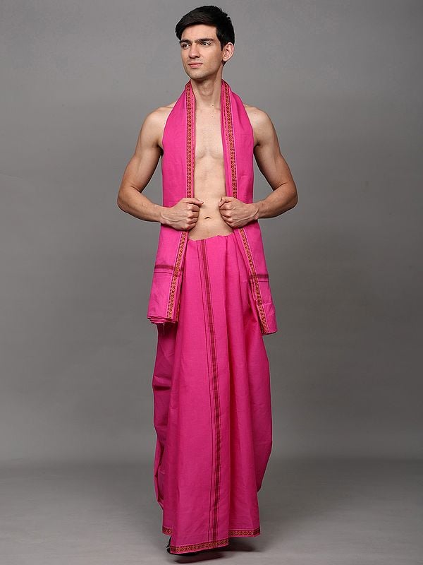 exotic india Dhoti with Angavastram Set and Thread Woven Rudraksha Border from Odisha 