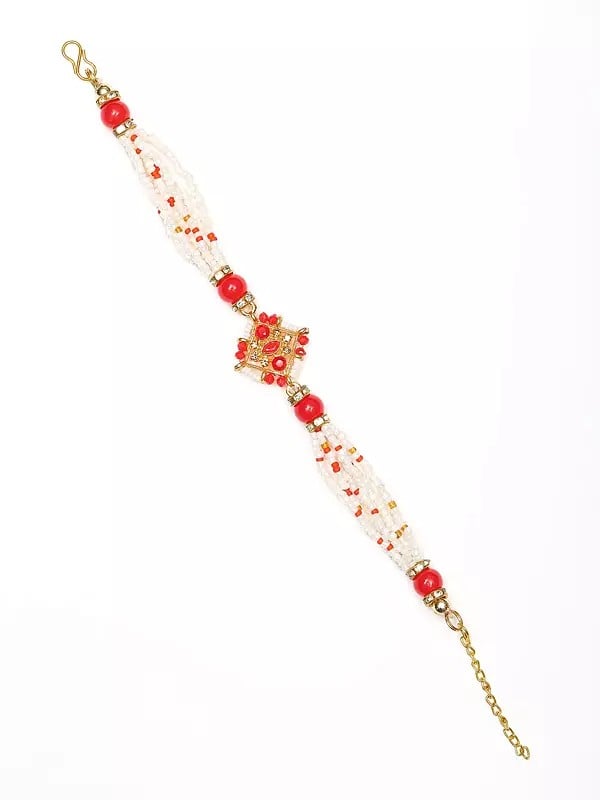 Exotic India Diamond Shape Adjustable Bracelet Rakhi With Studded Stone And Beads 