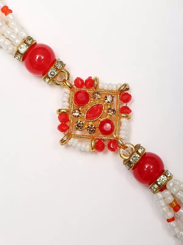 Exotic India Diamond Shape Adjustable Bracelet Rakhi With Studded Stone And Beads 