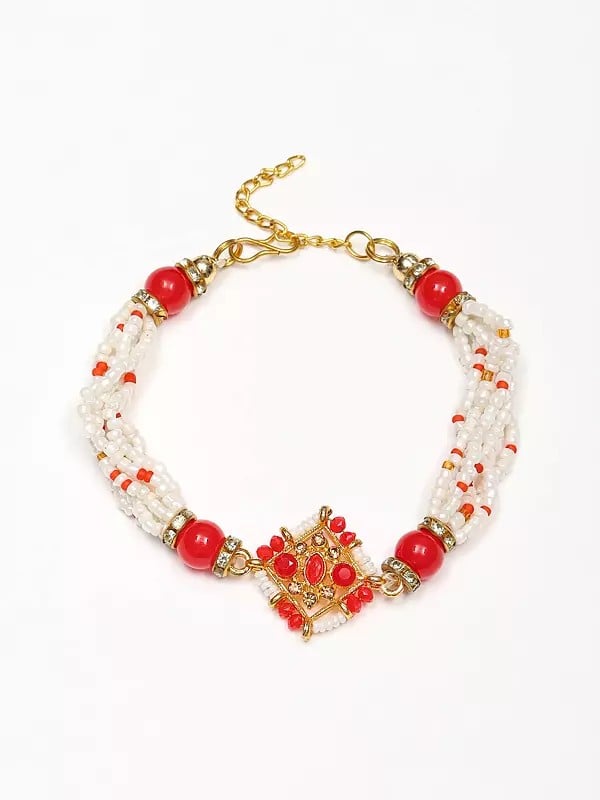 exotic india Diamond Shape Adjustable Bracelet Rakhi with Studded Stone and Beads 