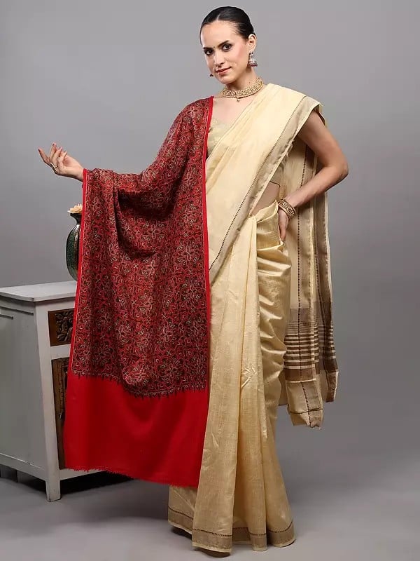 Exotic India Diamond Weave Wool Stole With Heavy Embroidered Flowers And Paisleys Motifs From Amritsar 