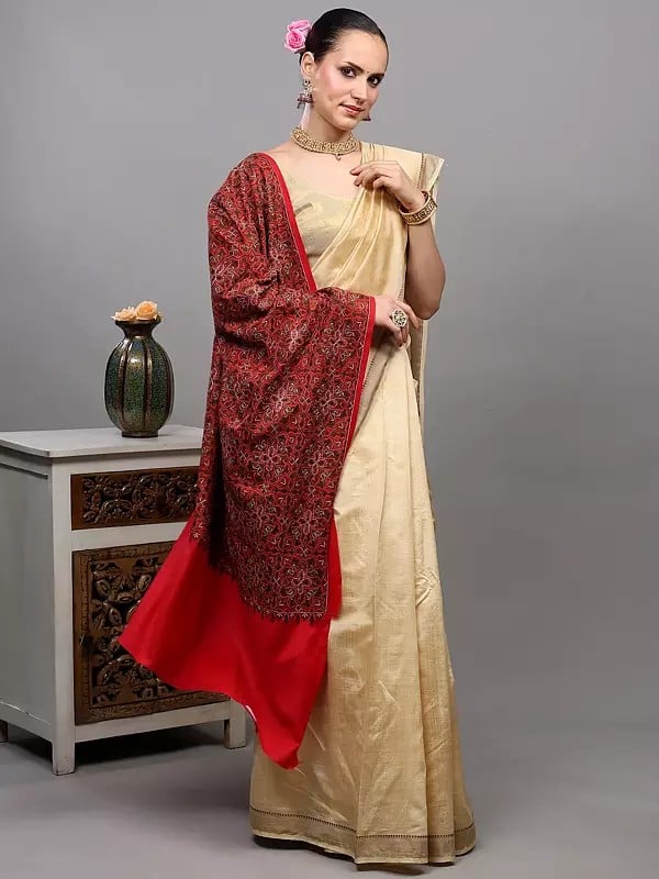 Exotic India Diamond Weave Wool Stole With Heavy Embroidered Flowers And Paisleys Motifs From Amritsar 