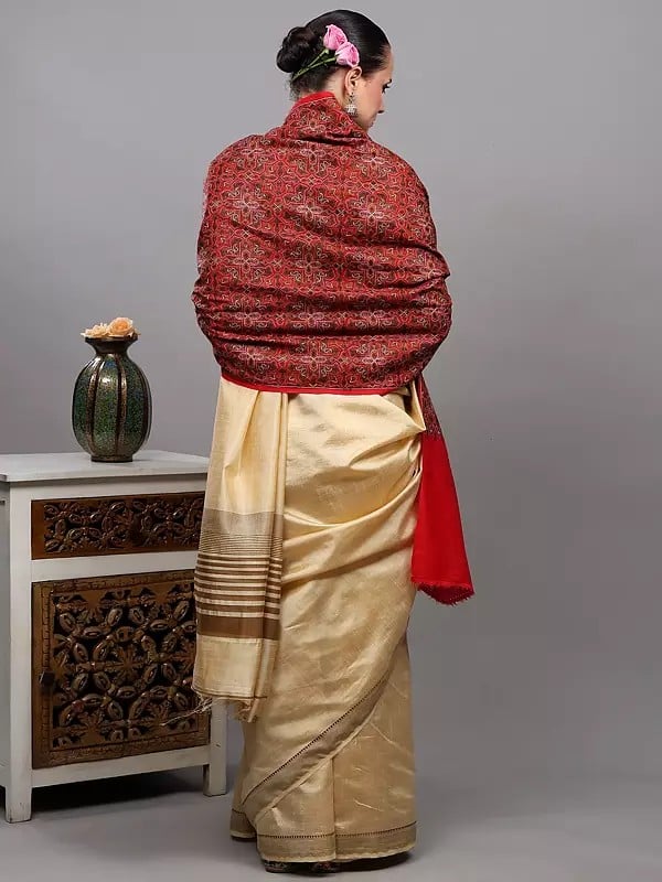 Exotic India Diamond Weave Wool Stole With Heavy Embroidered Flowers And Paisleys Motifs From Amritsar 