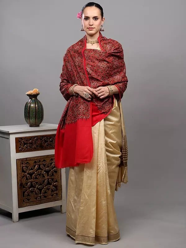 exotic india Diamond Weave Wool Stole with Heavy Embroidered Flowers and Paisleys Motifs from Amritsar 