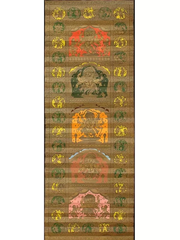 exotic india Different Forms of Lord Ganesha with His Life Story | Superfine Pattachitra Painting on Palm Leaf 