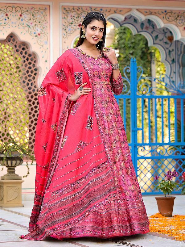 Exotic India Digital Print Flared And Printed Attractive Dola Silk Wedding Wear Anarkali Gown With Tassels Dupatta