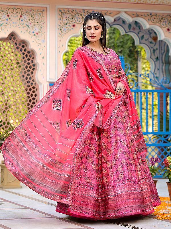 Exotic India Digital Print Flared And Printed Attractive Dola Silk Wedding Wear Anarkali Gown With Tassels Dupatta