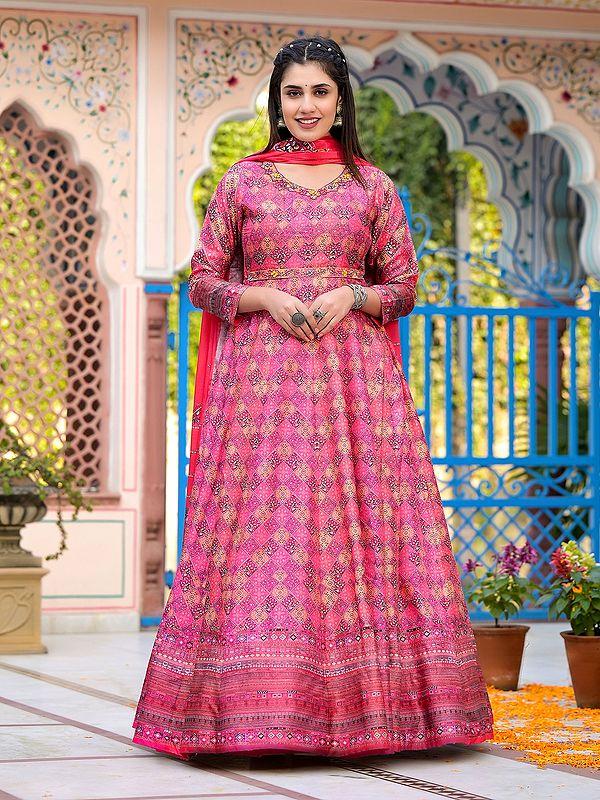 Exotic India Digital Print Flared And Printed Attractive Dola Silk Wedding Wear Anarkali Gown With Tassels Dupatta