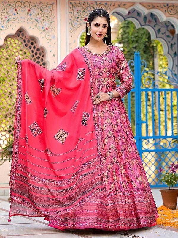 exotic india Digital Print Flared And Printed Attractive Dola Silk Wedding Wear Anarkali Gown With Tassels Dupatta