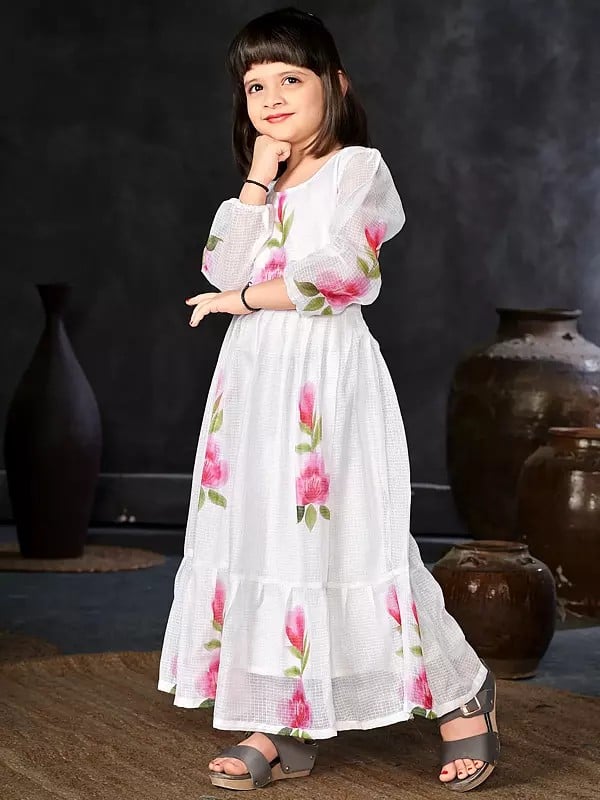 Exotic India Digital Printed Kota Checks Dress With Round Flair 
