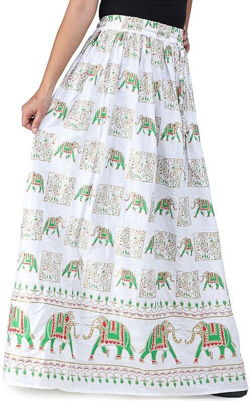 Exotic India Digitally Printed Casual Skirt With Motifs Of Elephants And Flowers From Pilkhuwa 