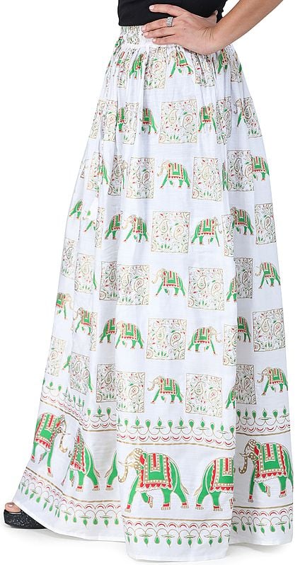 Exotic India Digitally Printed Casual Skirt With Motifs Of Elephants And Flowers From Pilkhuwa 