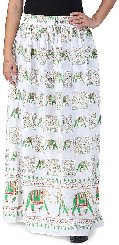 exotic india Digitally Printed Casual Skirt with Motifs of Elephants and Flowers from Pilkhuwa 