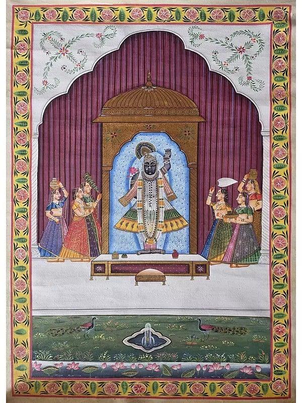 exotic india Divine Darshan Of Lord Shrinathji | Pichwai Art | Watercolor On Cotton 