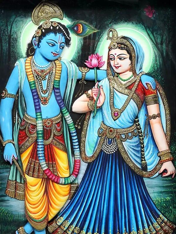 Exotic India Divine Pair Of Radha Krishna | Embossed Tanjore Painting With Gold Work