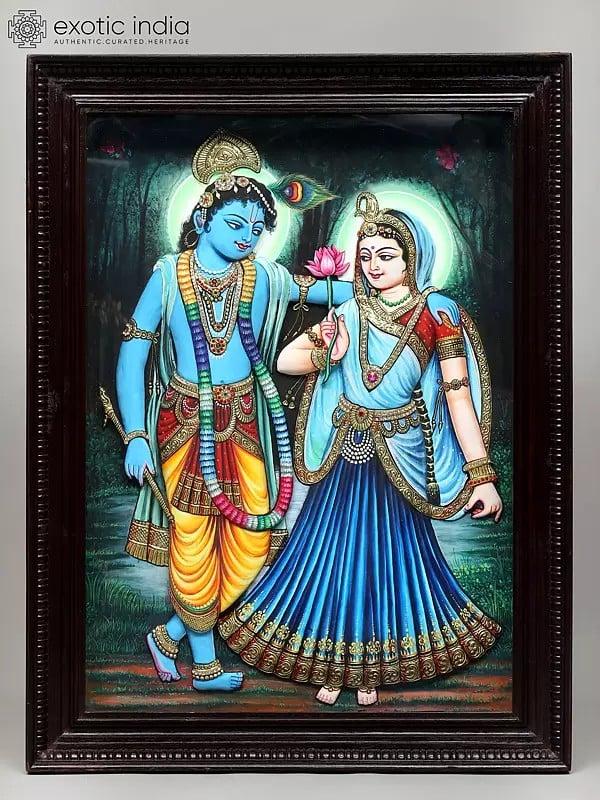 exotic india Divine Pair of Radha Krishna | Embossed Tanjore Painting with Gold Work 