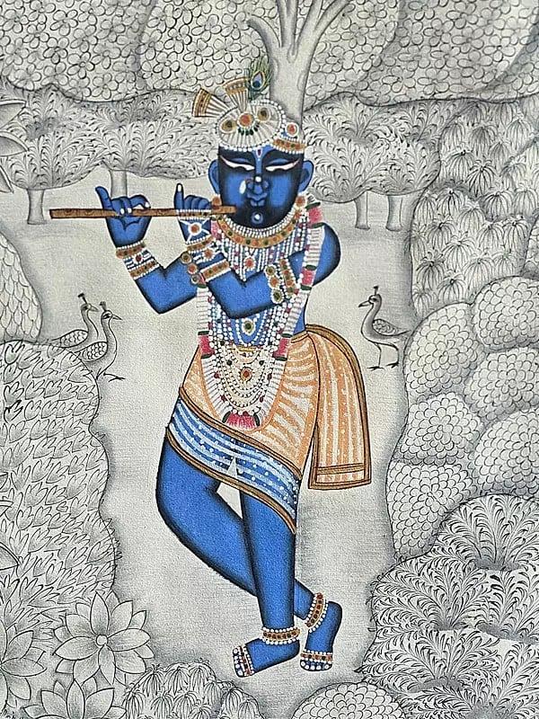 Exotic India Divine Shrinathji With Flute | Pichwai Art | Watercolor On Cotton 