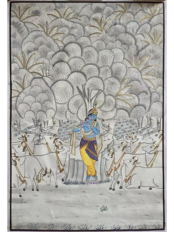 Exotic India Divine Shrinathji With Flute | Pichwai Art | Watercolor On Cotton 