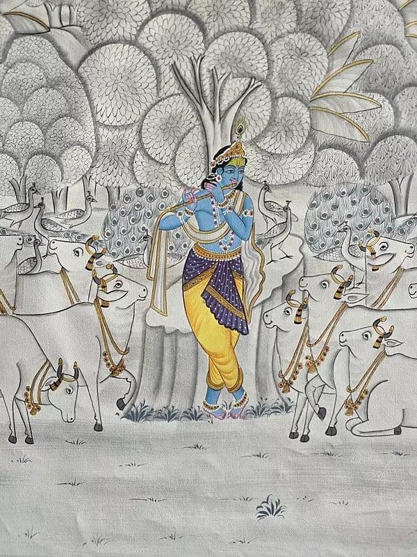 Exotic India Divine Shrinathji With Flute | Pichwai Art | Watercolor On Cotton 