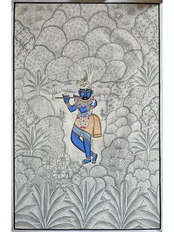 exotic india Divine Shrinathji With Flute | Pichwai Art | Watercolor On Cotton 
