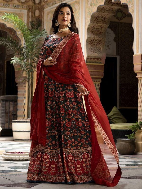 Exotic India Dola Silk Flared Stunning Floral Digital Print Long Gown With Attractive Nazneen Dupatta