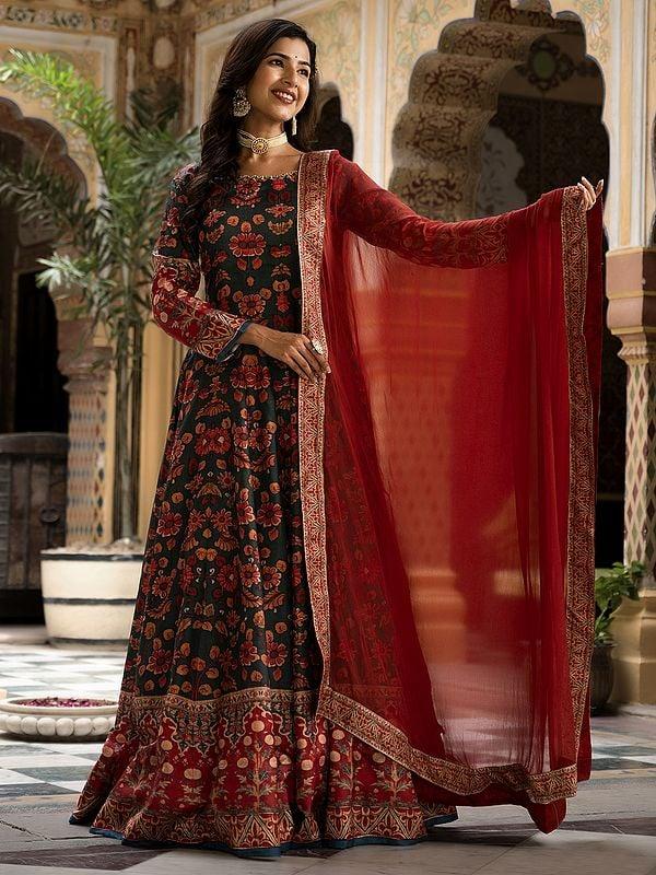 Exotic India Dola Silk Flared Stunning Floral Digital Print Long Gown With Attractive Nazneen Dupatta
