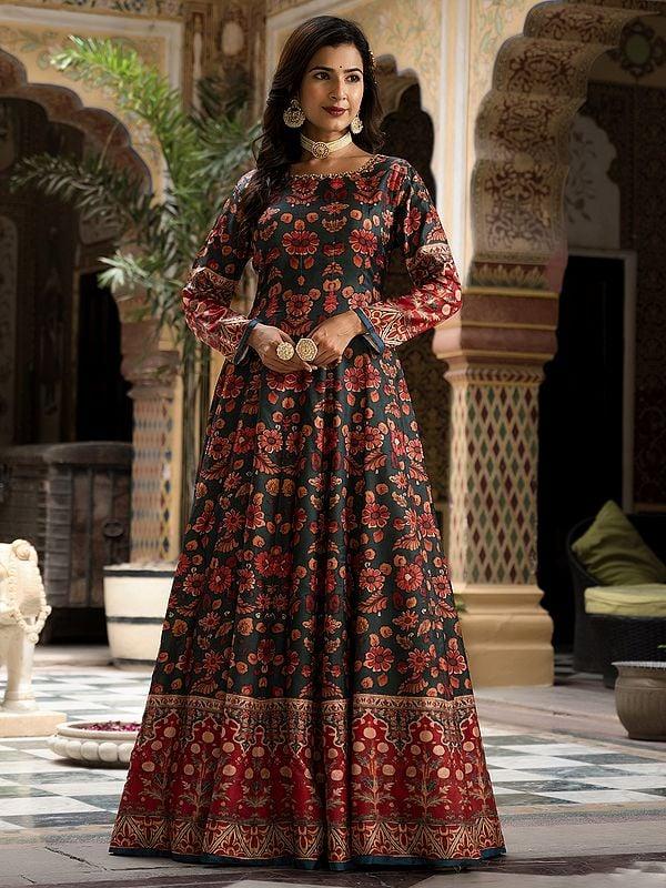 Exotic India Dola Silk Flared Stunning Floral Digital Print Long Gown With Attractive Nazneen Dupatta
