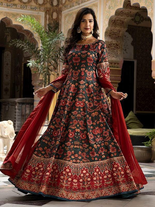 exotic india Dola Silk Flared Stunning Floral Digital Print Long Gown With Attractive Nazneen Dupatta 