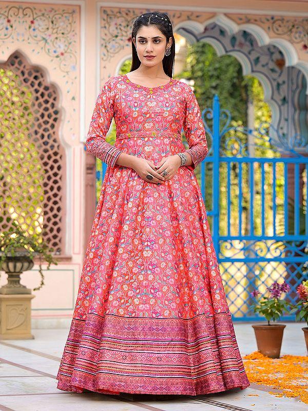 Exotic India Dola Silk Floral Digital Print Elegant Flared Casual Wear Anarkali Gown With Soft Chinon Dupatta