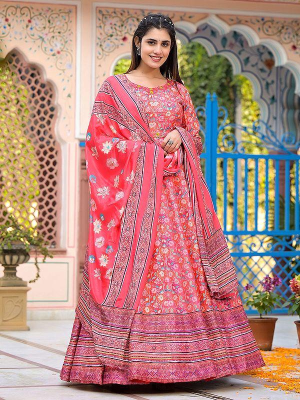 Exotic India Dola Silk Floral Digital Print Elegant Flared Casual Wear Anarkali Gown With Soft Chinon Dupatta
