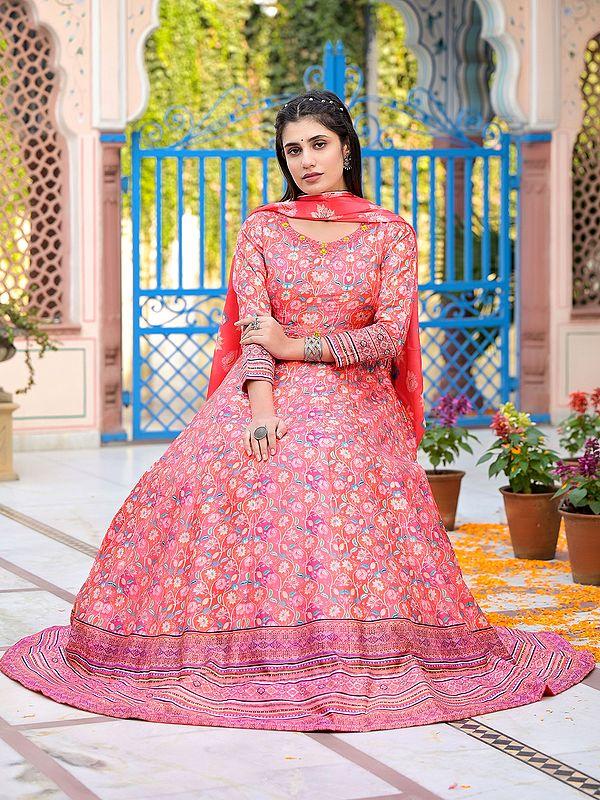 Exotic India Dola Silk Floral Digital Print Elegant Flared Casual Wear Anarkali Gown With Soft Chinon Dupatta