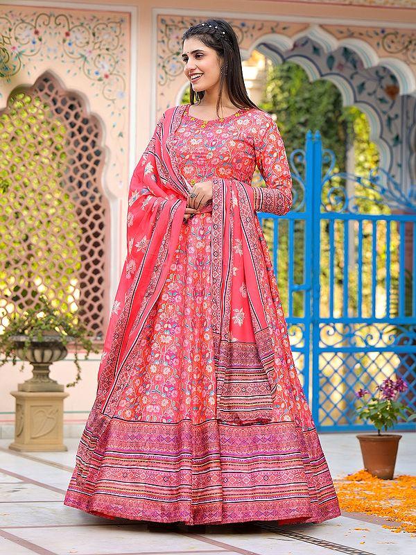 exotic india Dola Silk Floral Digital Print Elegant Flared Casual Wear Anarkali Gown With Soft Chinon Dupatta