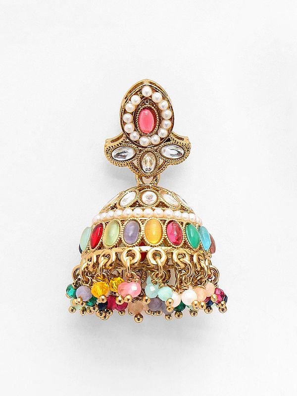 Exotic India Dome Shaped Multicolor Stone Studded & Beaded Jhumka 