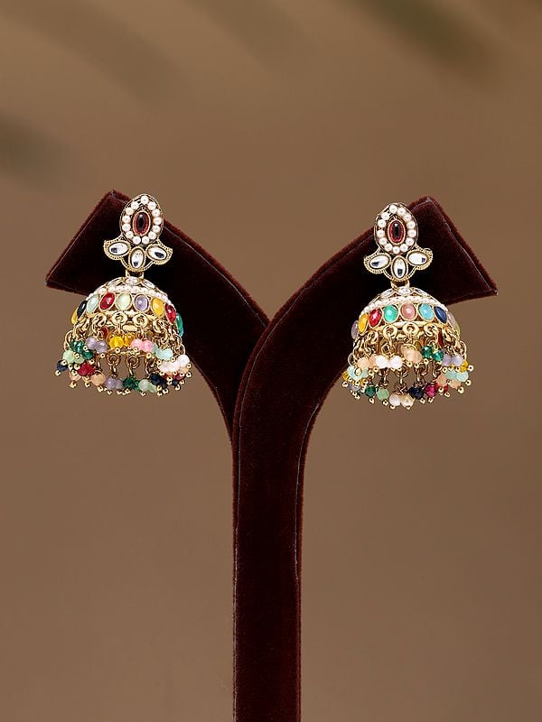Exotic India Dome Shaped Multicolor Stone Studded & Beaded Jhumka 