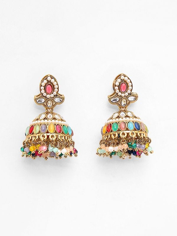 exotic india Dome Shaped Multicolor Stone Studded & Beaded Jhumka 