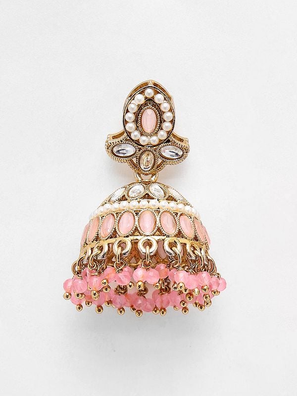Exotic India Dome Shaped Stone Studded & Beaded Jhumka 