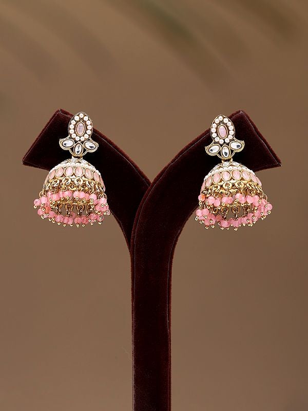 Exotic India Dome Shaped Stone Studded & Beaded Jhumka 