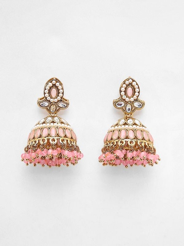 exotic india Dome Shaped Stone Studded & Beaded Jhumka 