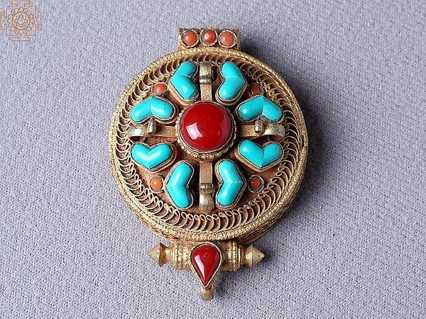 exotic india Double Dorje Ghau Pendant Copper Gold Plated