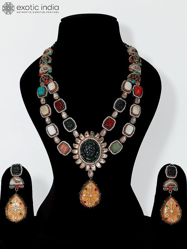 exotic india Double Layer Multicolor Flower Design Studded Necklace Set With Earrings 